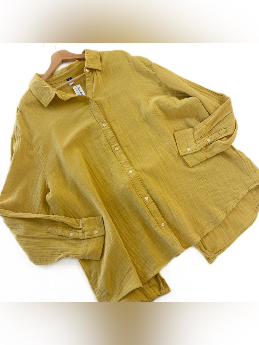 Old Navy Shirt Womens 2X Yellow Gauze Cotton Oversized Button Down Tie Back New